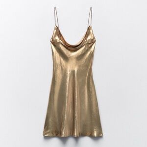 Zara Rhinestone strap gold foil mini dress size M